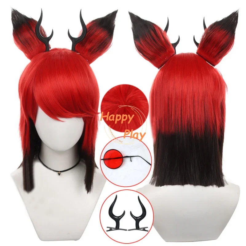 Alastor Cosplay Wig Red Black Short Wig With Ear Unisex Cosplay Anime Wigs Heat Resistant Synthetic Hair Alastor Cos Accessory