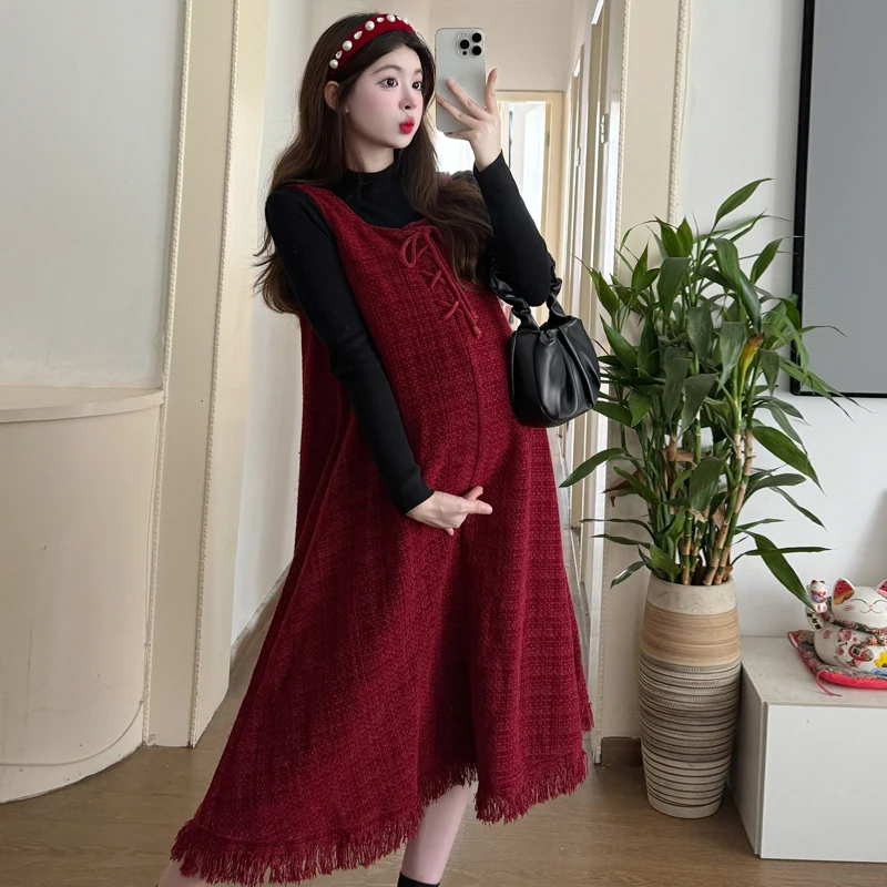 Plus Size Maternity Clothes Set for New Year Autumn Winter Long Sleeve Shirts Red Sundress Twinset Tassel Hem Drawstring Collar