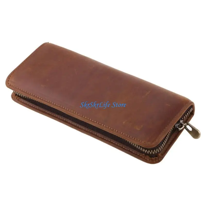 E65E Exquisite Leather Pen for Case Portable Zipper Pencil Bag Multiple Elastic Pen S