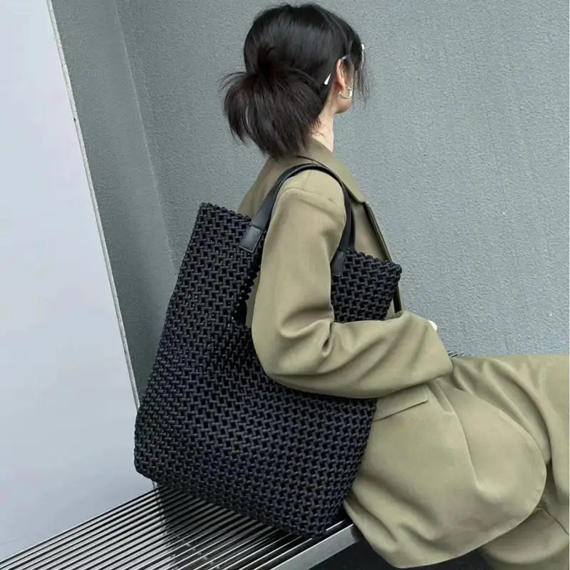 Bolso de mano de tela Oxford tejido con diseño hueco para mujer, cartera japonesa hecha a mano de cuero PU, bolso para madre, nuevo diseño a la moda