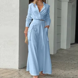 Ins 2 Piece Sets Women Solid Lapel Shirts Top And Pockets Wide Leg Pant Outfits Women Blouse Pants Sets Crop Top Two Pieces Sets