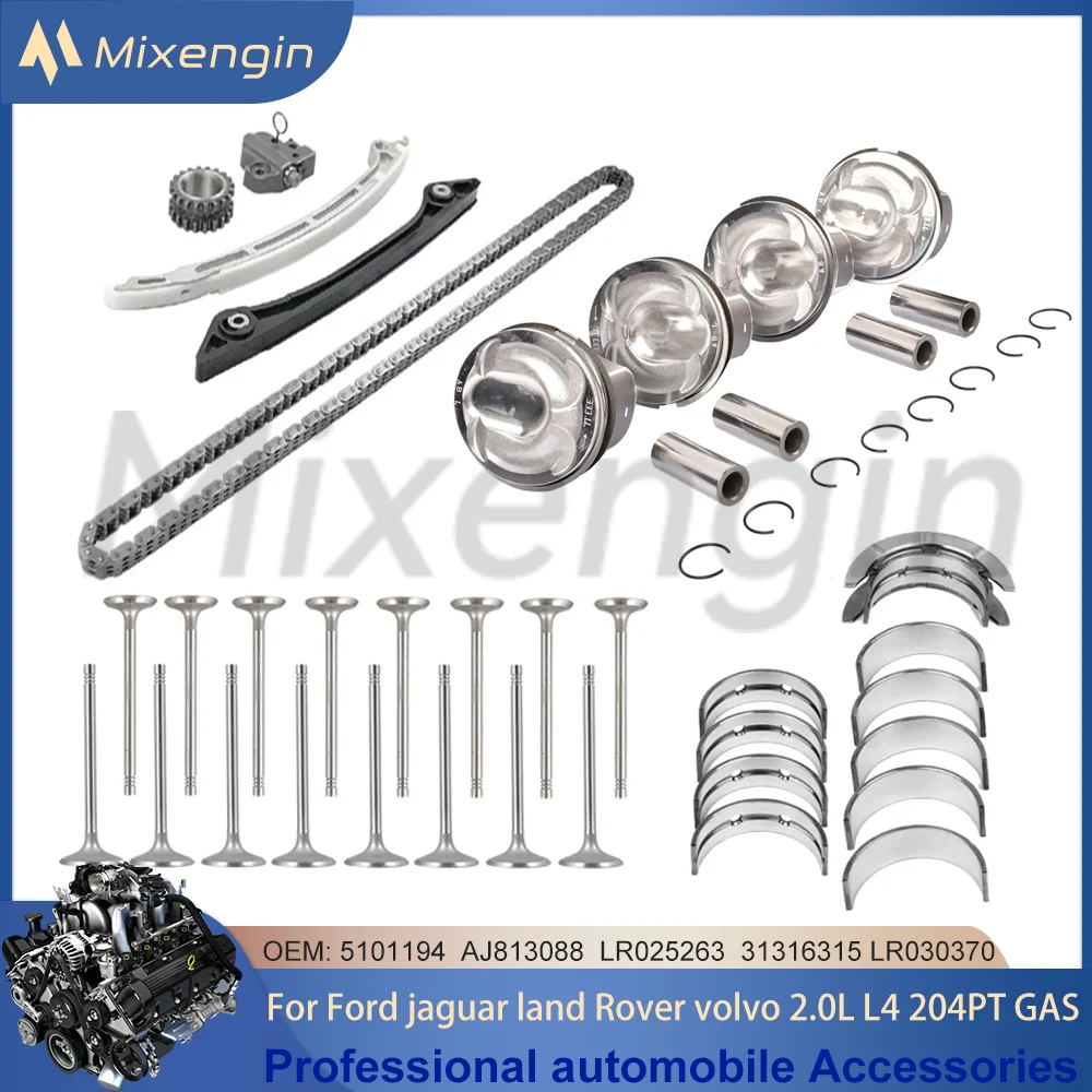 Timing Chain Kit 4Pcs Pistons & Rings Crankshaft bearing valve For 2.0 L L4 GAS Ford Focus Land Rover Jaguar Volvo 204PT 10-20