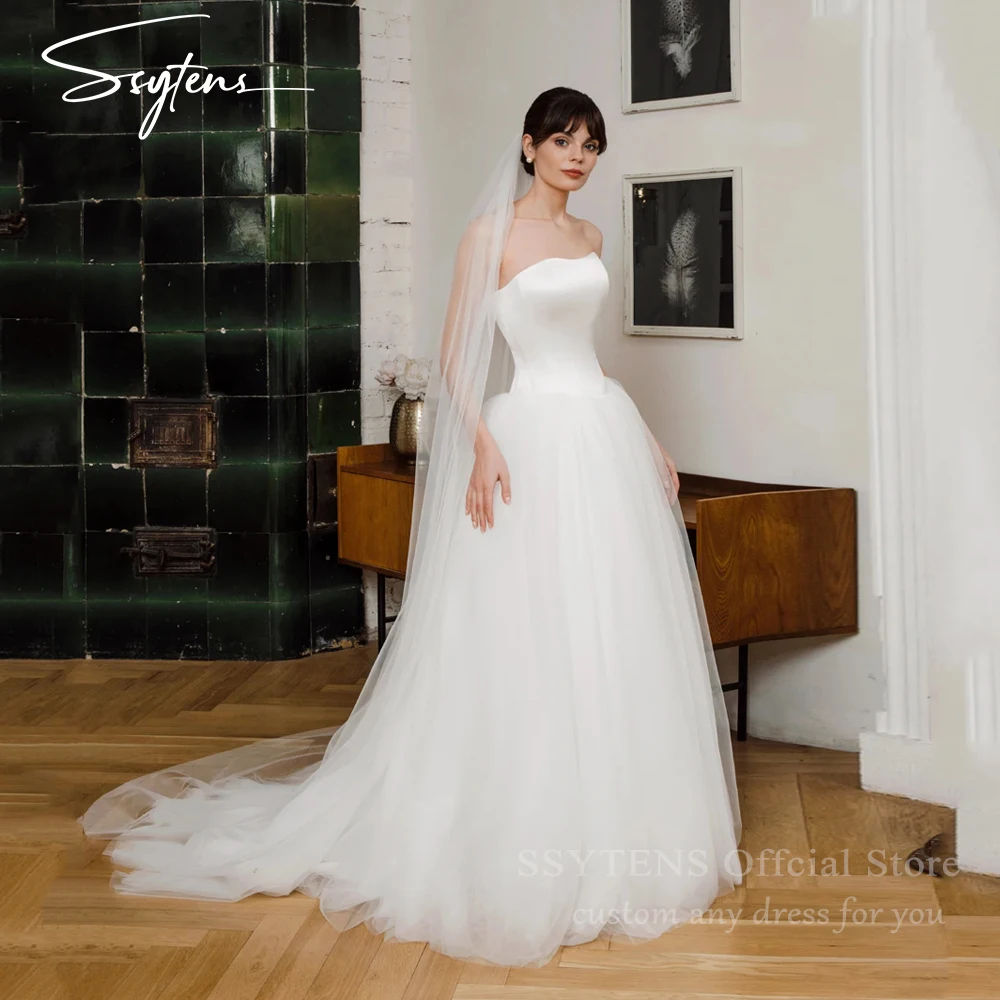 

SSYTENS Princess A-Line Satin Wedding Dresses Draped Sleeveless Bride Gowns Customized Strapless Bride Prom Evening Party Dress