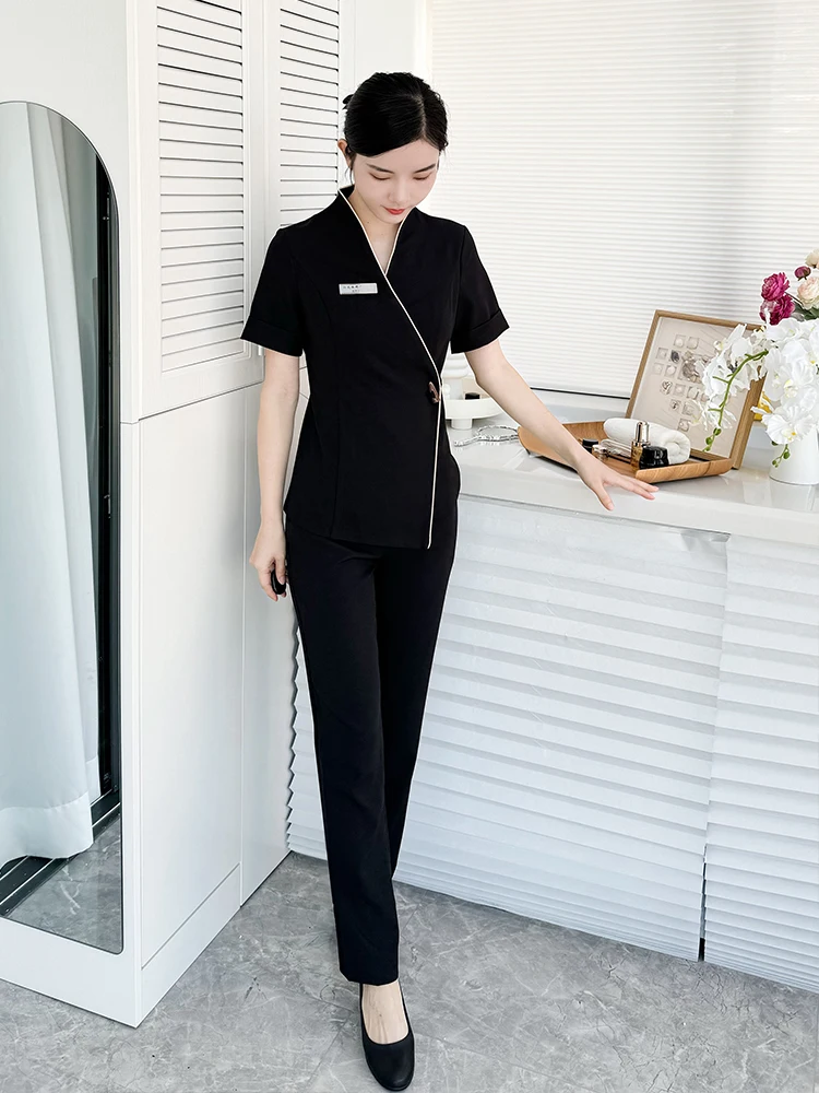 زي عمل احترافي للعاملين في مجال السبا والعناية بالبشرة والتجميل، بدون أكمام، مرن، قابل للتنفس، بأكمام ثلاثة أرباع #1