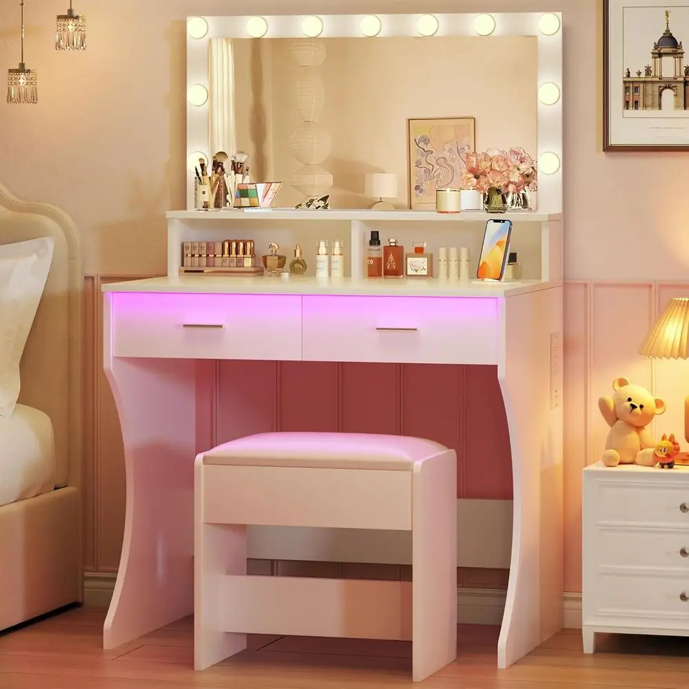 

White LED Vanity Desk with Mirror, Lights, and Chair for Women's Bedroom