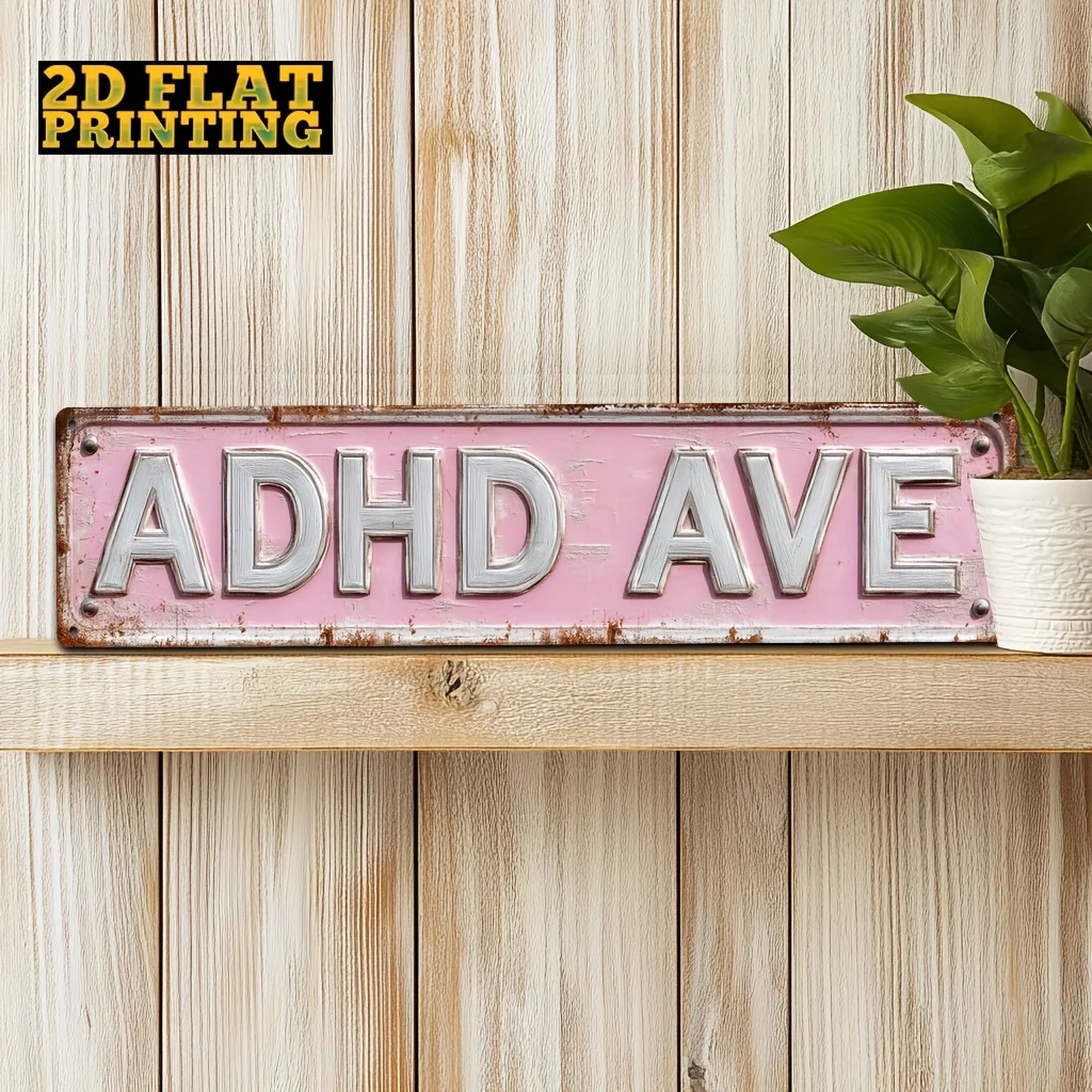 2D Flat - A 2D Wooden Sign for ADHD Ave, Featuring a Vintage Style Wall Decoration Measuring 4X16 Inches. Made of Wood And Requi