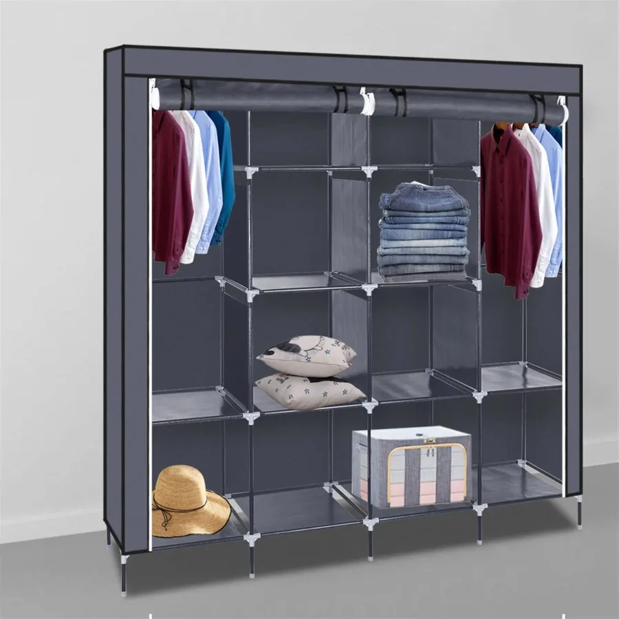 

67 Clothes Closet Portable Wardrobe Clothes Storage Rack 12 Shelves 4 Side Pockets Gray