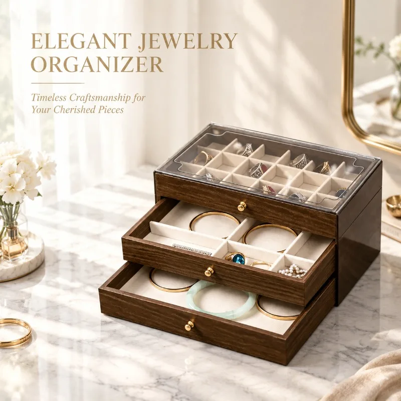 Wooden 3-Layer Jewelry Box Transparent Lid Velvet Liner Jewelry Organizer Rings Earrings Bracelets Home Storage Gift for Women