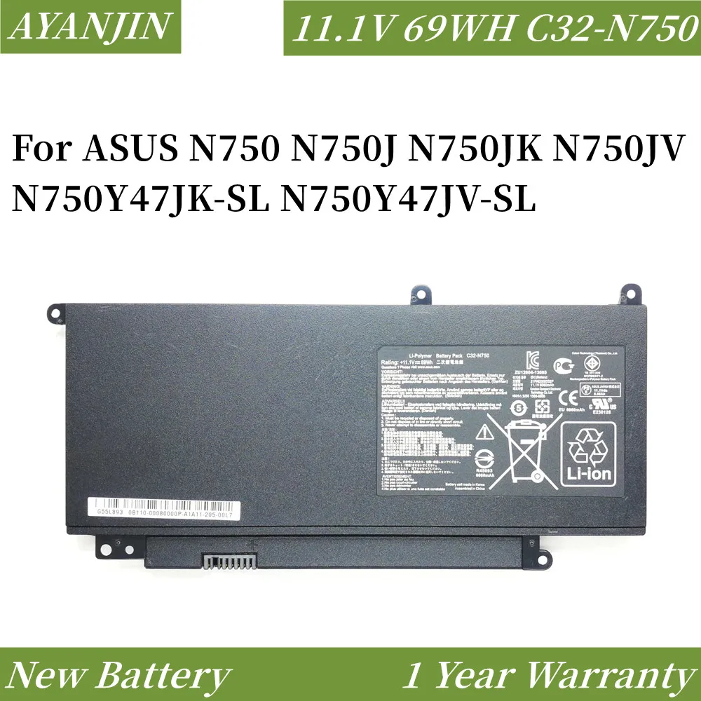 ラップトップバッテリーasusn750n750jn750jkn750jvc32-n750111用の6260-v-n750y47jk-sl-mah-69whn750y47jv-sl