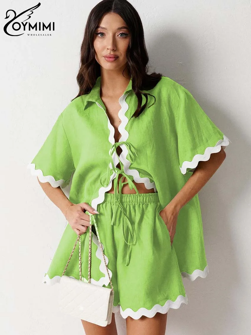 

Oymimi Casual Green Cotton Women 2 Piece Set Outfit Elegant Patchwork Short Sleeve Lace-Up Shirts And Drawstring Shorts Sets