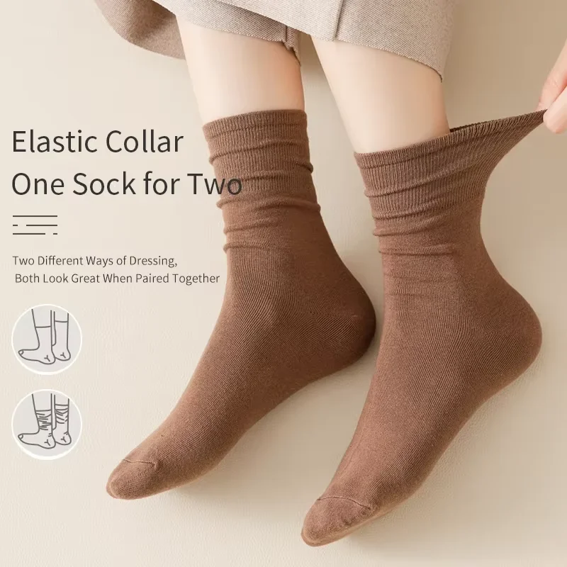 6 Pairs of Women Is Spring Or Summer Solid Colors Simple and Comfortable Mid Tube Socks Khaki Gradient Color image 4