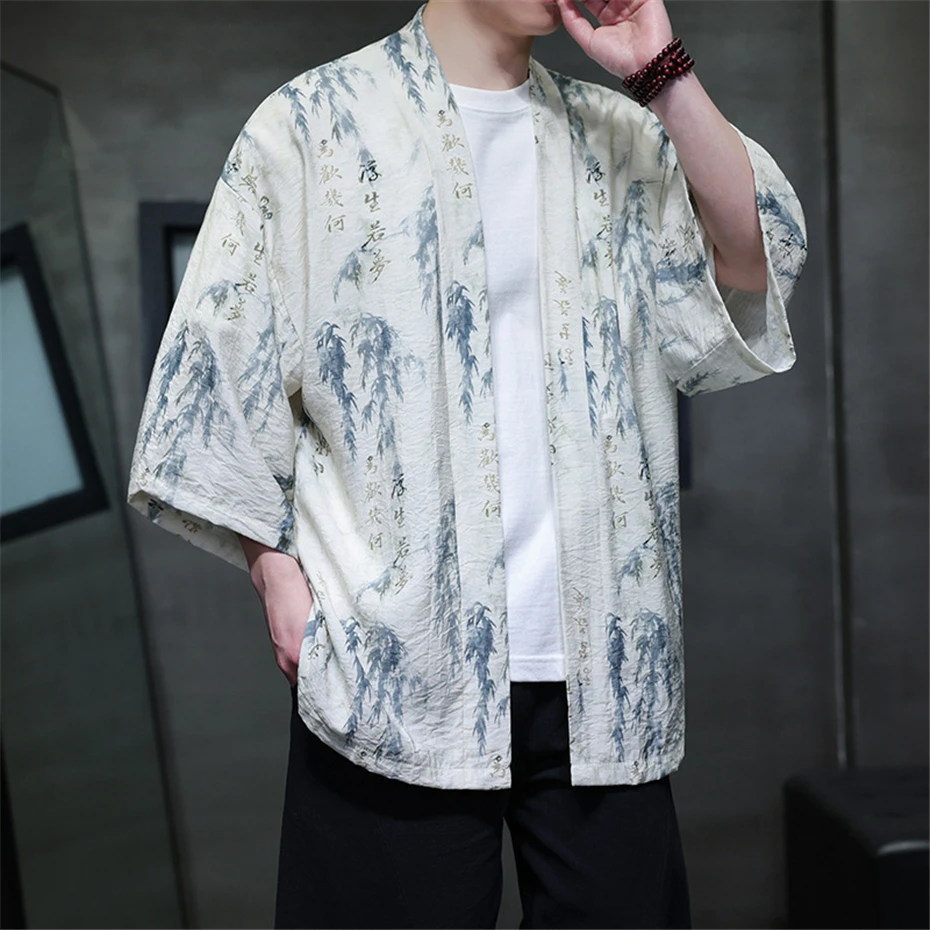 Men's Cardigan Kimono Shirt Fashion Casual Chinese Style Shirts Summer Cool Shirt Jacket Male