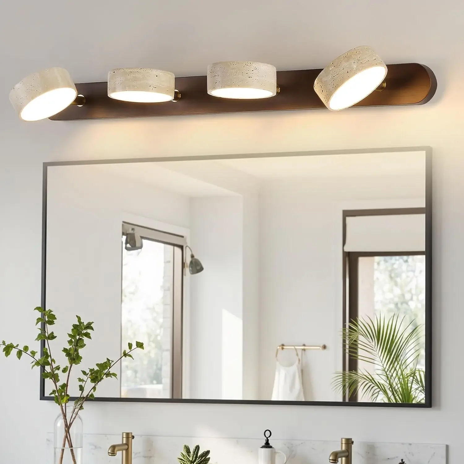 Wood Farmhouse Bathroom Vanity Light,Natural Stone Travertines Walnut Wall Lamp 4 Lights Travertine Shade Wabi Sabi Lamp, Linear