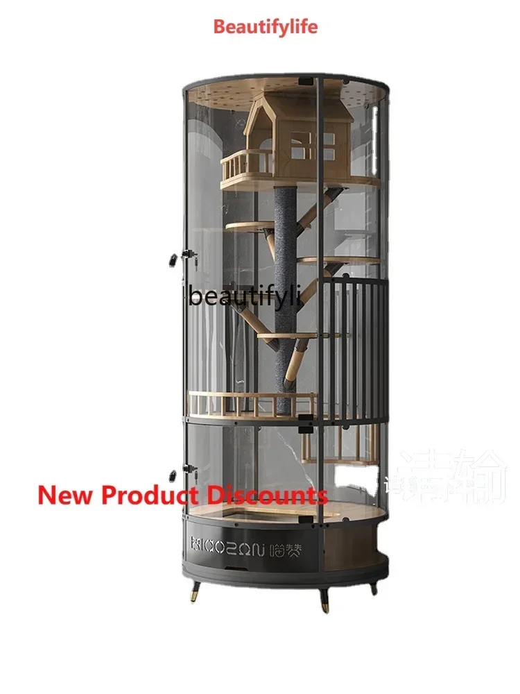 Q181  Fully Transparent Glass Panoramic Rotating Cylindrical Cat Villa Luxury Cabinet Cage Indoor with Toilet Integrated