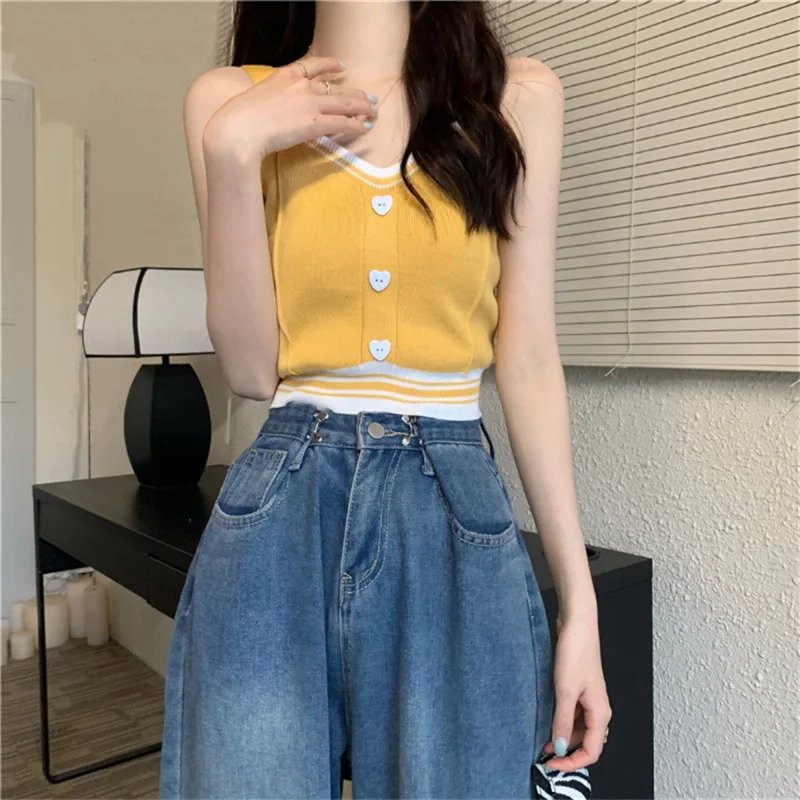 Langweilig Honig Frauen Tops Süße Würzige V-ausschnitt Gestrickte Weste Sommer Mode Kurze Pullover Crop Top Kontrast Farbe Dünne Dünne Top Wome
