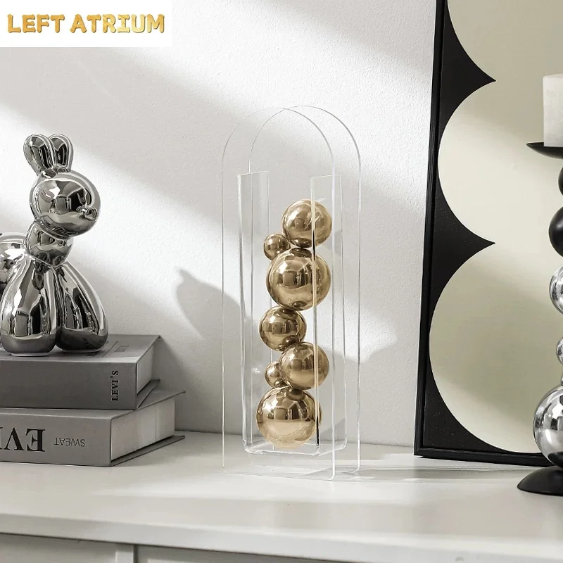 Abstract Art Metal Ball Square Transparent Box Acrylic Container Model Ornament Desk Decoration Ornaments Sphericity Crafts