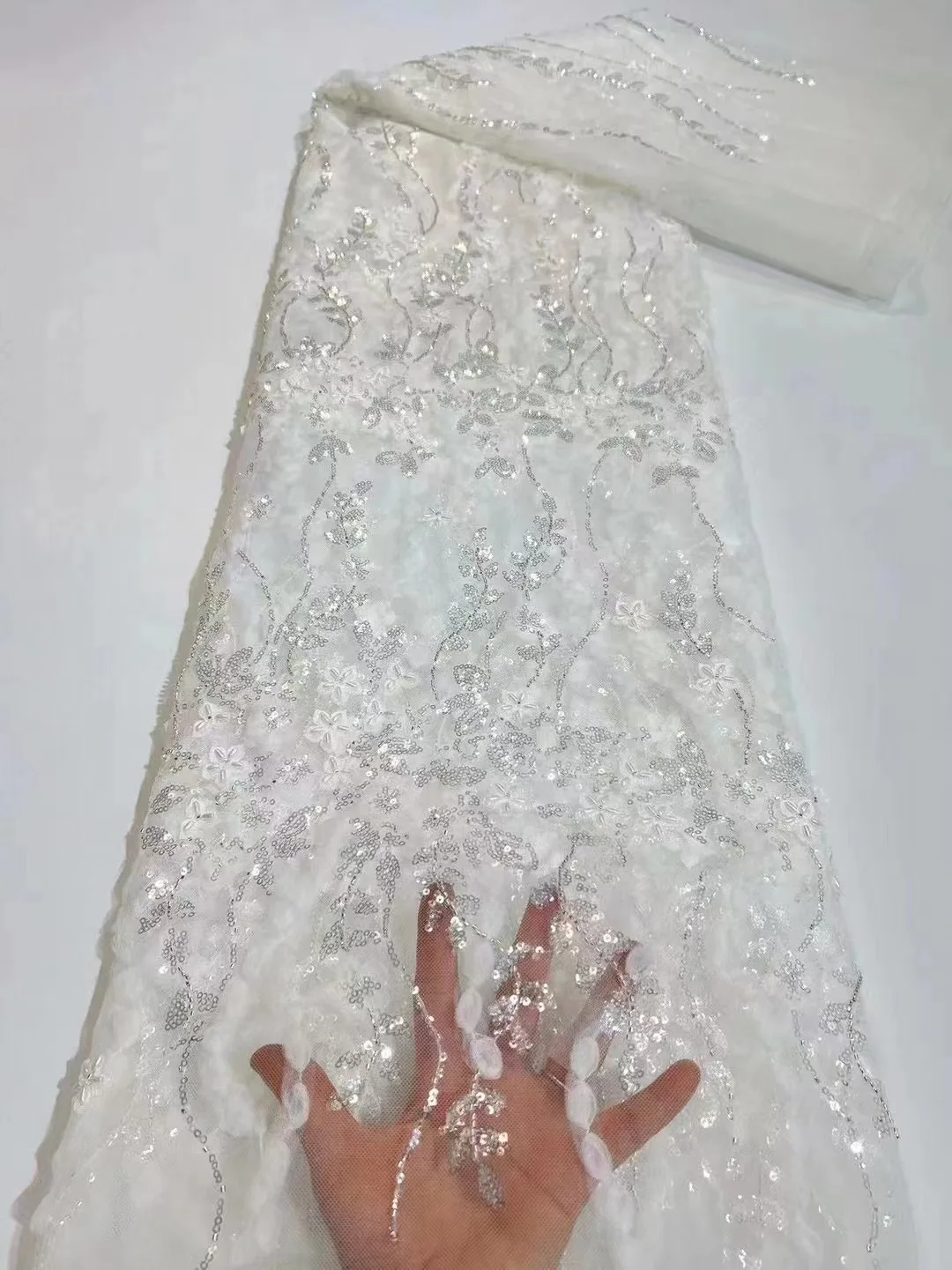 

2024 New African Hand Beads Lace High Quality Nigerian French Tulle Sequins Lace Embroidery Mesh Fabric For Wedding Dress Sewing