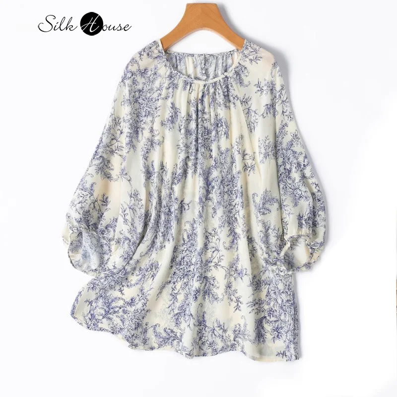 

National Style Blue and White Porcelain Artistic Printing 100% Natural Mulberry Silk Round Neck Lantern Sleeve Women's T-shirts