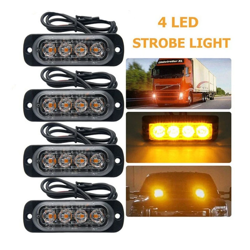 Emergency Strobe Lights Amber Recovery Car 4 Chips LED Lighting Bar Orange Grill Breakdown Flashing 12/24V Amber Led