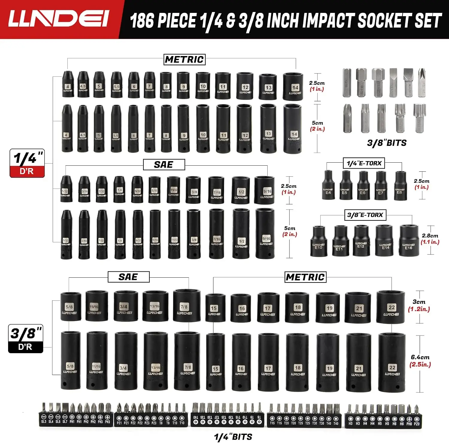 1 4 3 8 Inch Drive Impact Socket Set 186Pcs SAE Metric CRV Deep Shallow Sockets Ratchet Spark Plug Socket Bits Auto Repair Shop