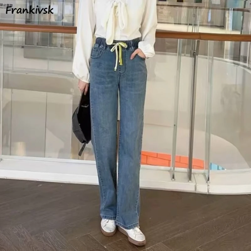 

Straight Jeans Women High Waist Drawstring Vintage Leisure Fashion Pocket Solid Elegant Daily European Style Retro Streetwear