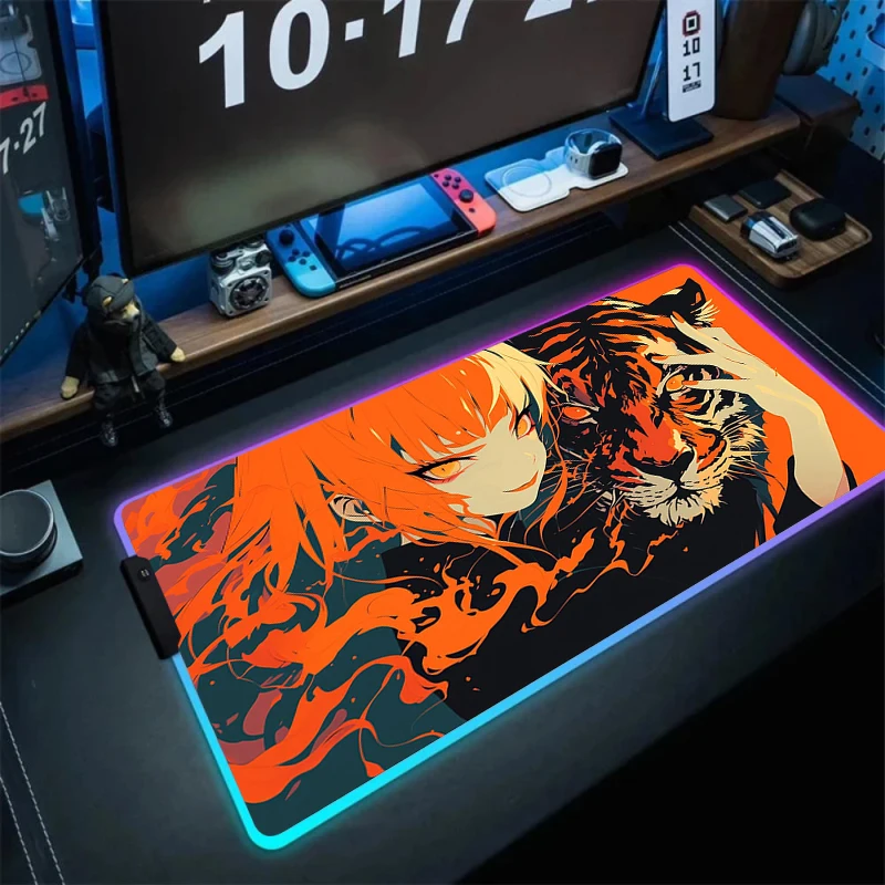 Anime Girl Tiger Head Mousepad Gamer Desk Mats Led Pc Cabinet Cool Mouse Pad Large Keyboard Gaming Luminescence Mat Rgb Carpet