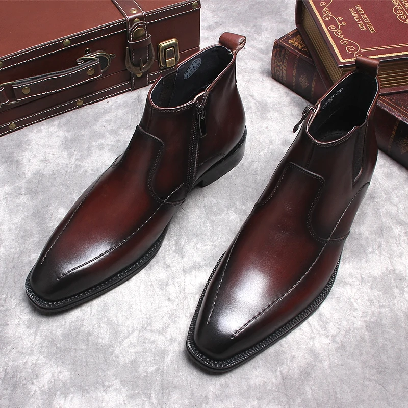 New Men Ankle Boots Shoes Genuine Leather Formal Men Burgundy Dress Boots Black Side Zipper Luxury Men Shoes Chelsea Boots