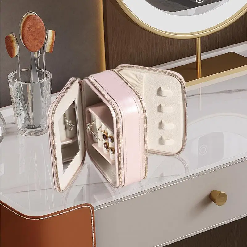 Jewelry Box Portable 2-Tier Earrings Studs and Rings Box Portable Women Jewellery Organizer Large Capacity Box with Glass for