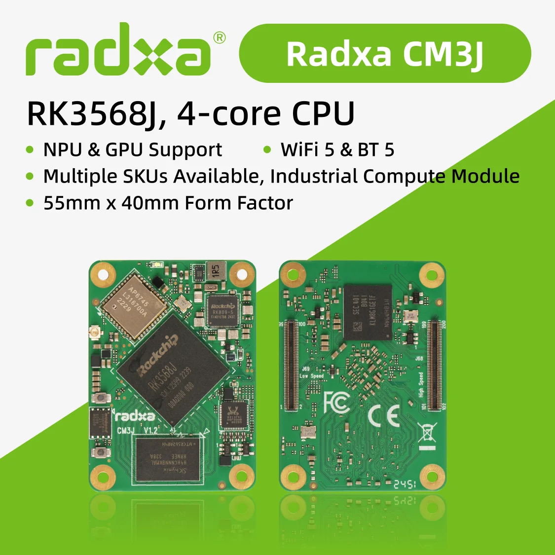 AvaCoreRadxa Cm3j Rk3568j 4-core Cpu, Industrial Compute Module, Gpu, Npu, 4k And 2x100-pin B2b Connector
