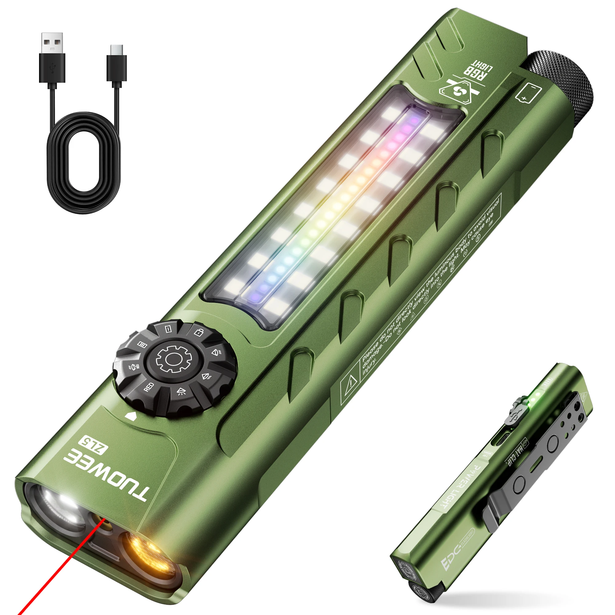 Portable EDC Flashlight With Red Laser 1100 Lumen IPX4 Waterproof RGB Side Light Gift Box for Hiking Night Walking Emergency