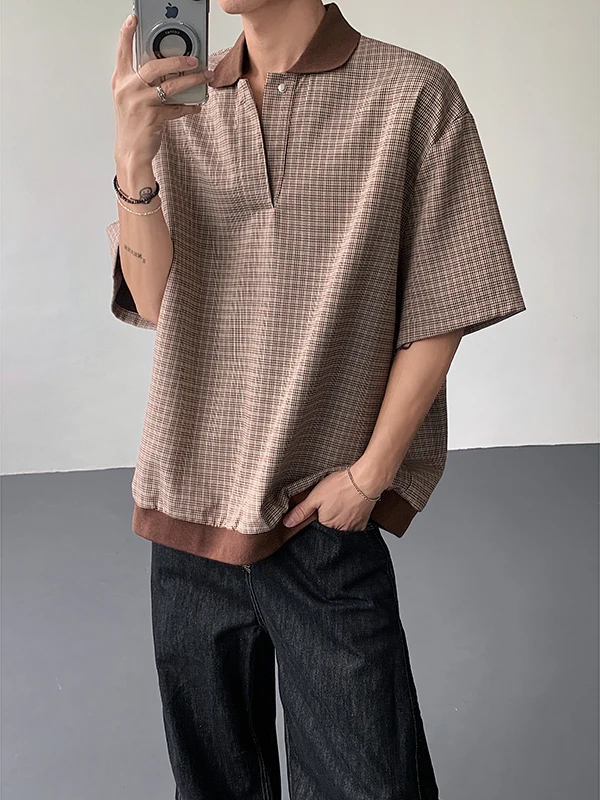 

Новая летняя мужская футболка с V-образным вырезом и коротким рукавом, в американском повседневном стиле, свободного кроя, с клетчатым узором, дышащая, модная, молодежная.