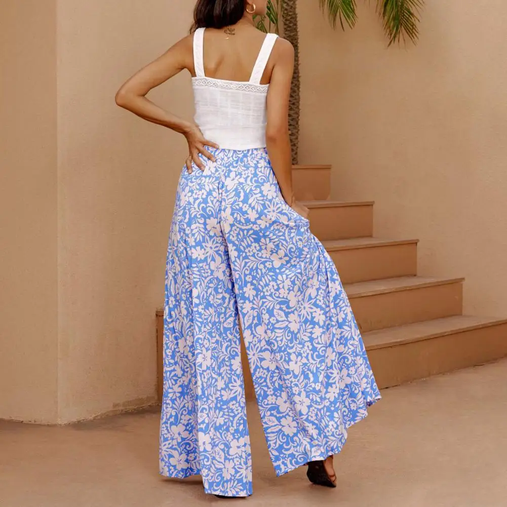 Women Wide-leg Pants Bohemian Style Women's Wide-leg Pants Vibrant Color Print Elastic High Waist Drawstring Beach Long Pants