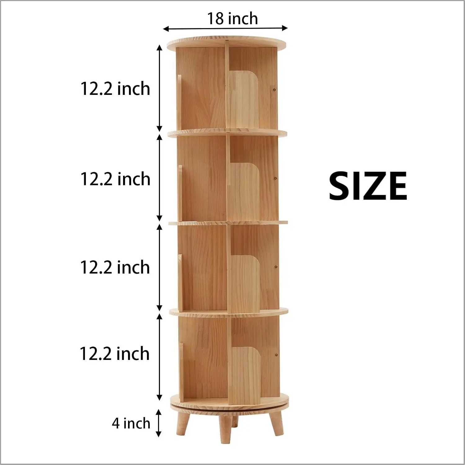 4 Tier Rotating Bookshelf with Legs, Floor Standing Stackable Wood Round 360 Display Shelf for Bedroom Living Room, Customized