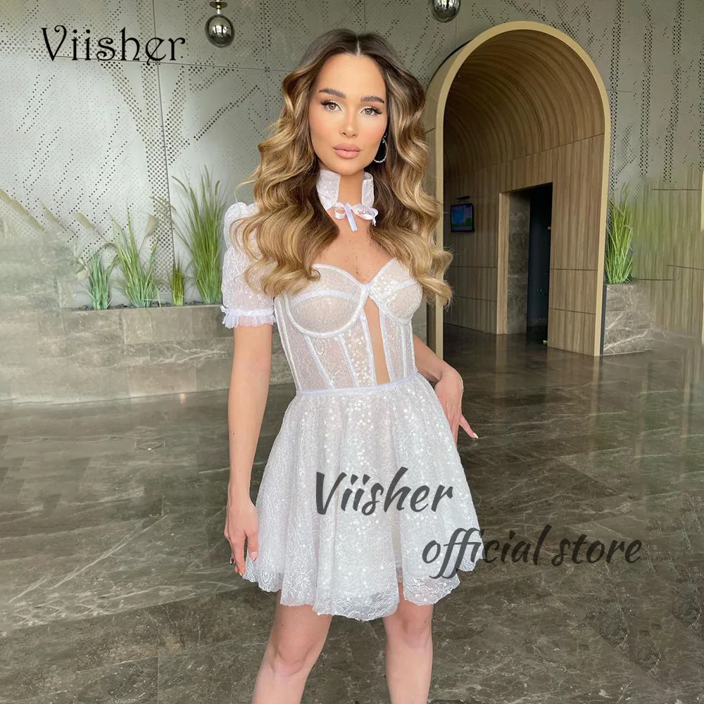 

Viisher Sparkly Tulle Short Wedding Dresses Short Sleeve Corset Sweetheart Mini Bridal Gowns Beach Bride Prom Dress Lace Up Back