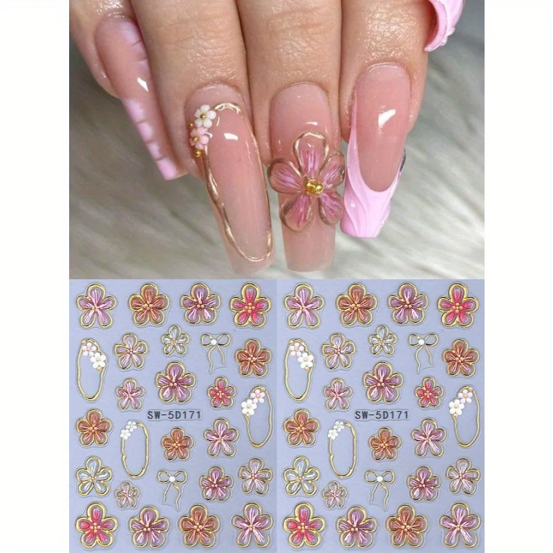 1 unidad de pegatinas para uñas de flor de hibisco de línea dorada 5D, marco cuadrado asimétrico metálico en relieve, pétalos florales rosas y rojos, lazo DIY