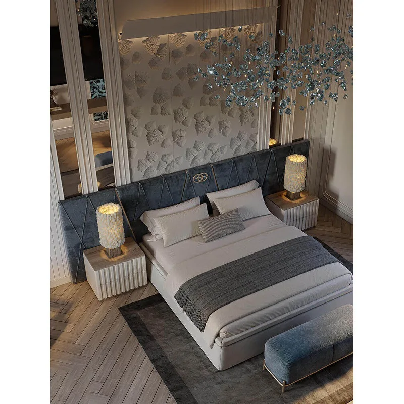 Italian leather bed villa mansion large flat master bedroom double widescreen bed high-end home textile city
