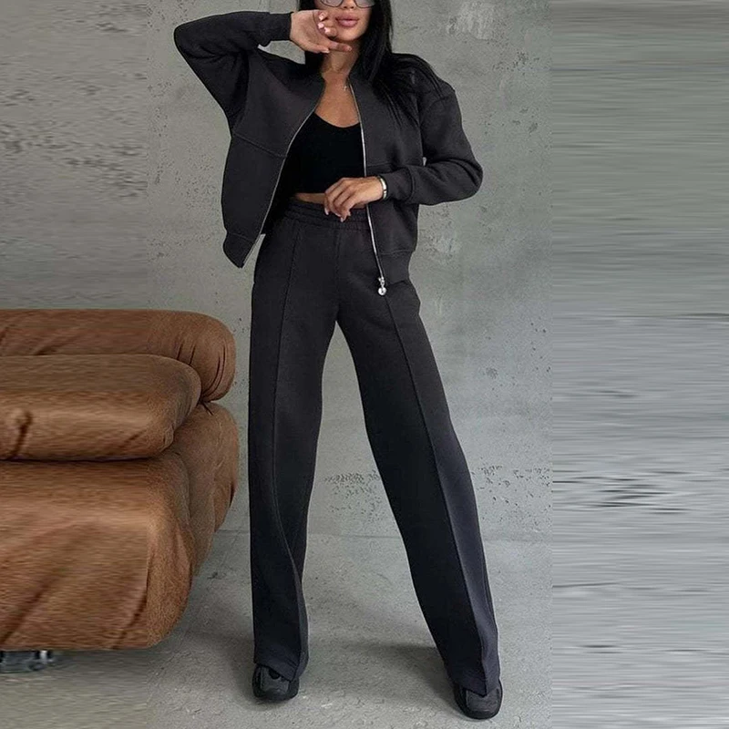 Lady Casual O-neck Zipper Jacket and Pants Suit Fall Winter Long Sleeved Loose Two Piece Set Office Elegant Pocket Solid Outfit