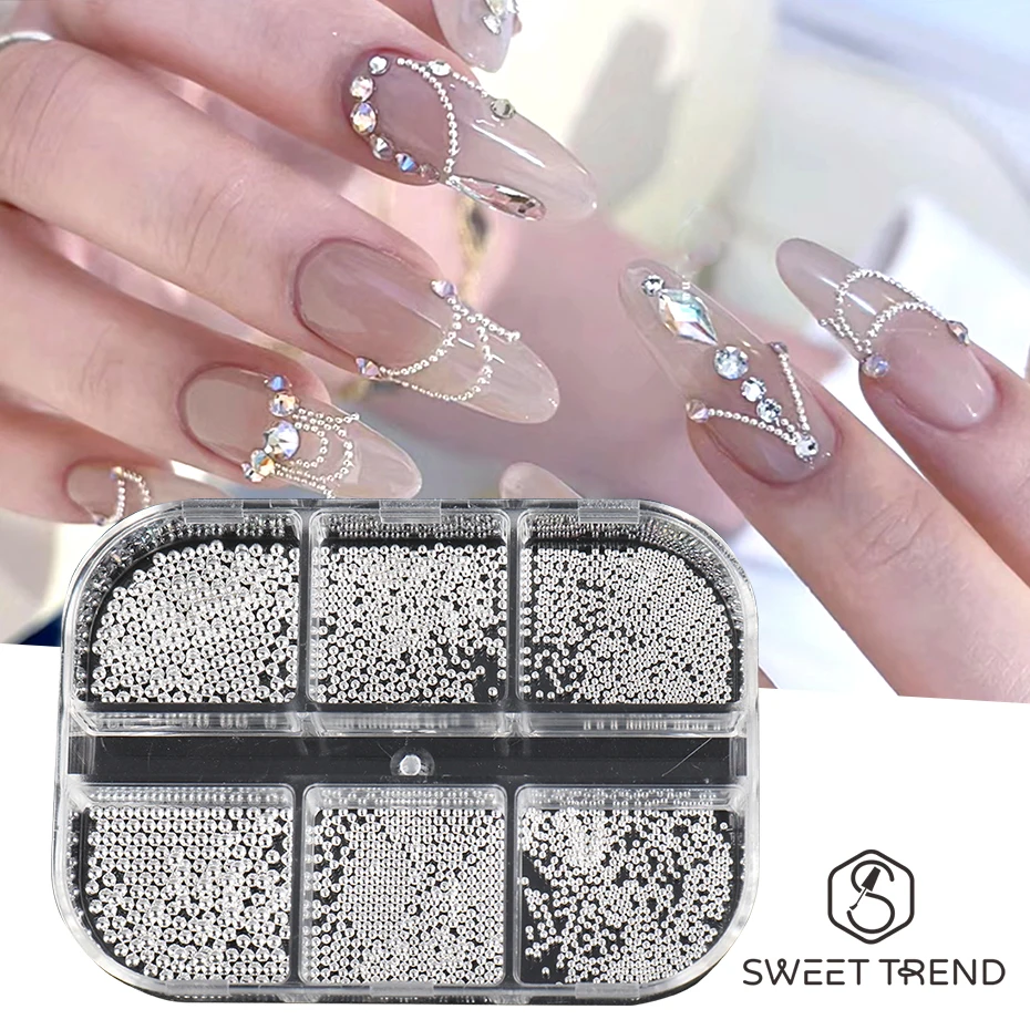 Set de 6 recipientes con cuentas mini caviar para uñas, 0.6-2mm, cuentas de acero inoxidable plateadas, accesorios DIY para decoración de manicura