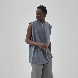 Vintage Streetwear Hip Hop Washed Worn Vest Oversize Casual Sleeveless Tshirt Summer Men's and Women's Waistcoat Top