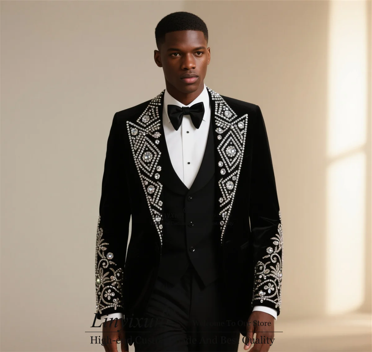 

Glitter Diamonds Crystals Men Suits 3 Pieces Sets Groom Wedding Male Party Slim Ropa Hombre Customized Rhinestones Costume Homme