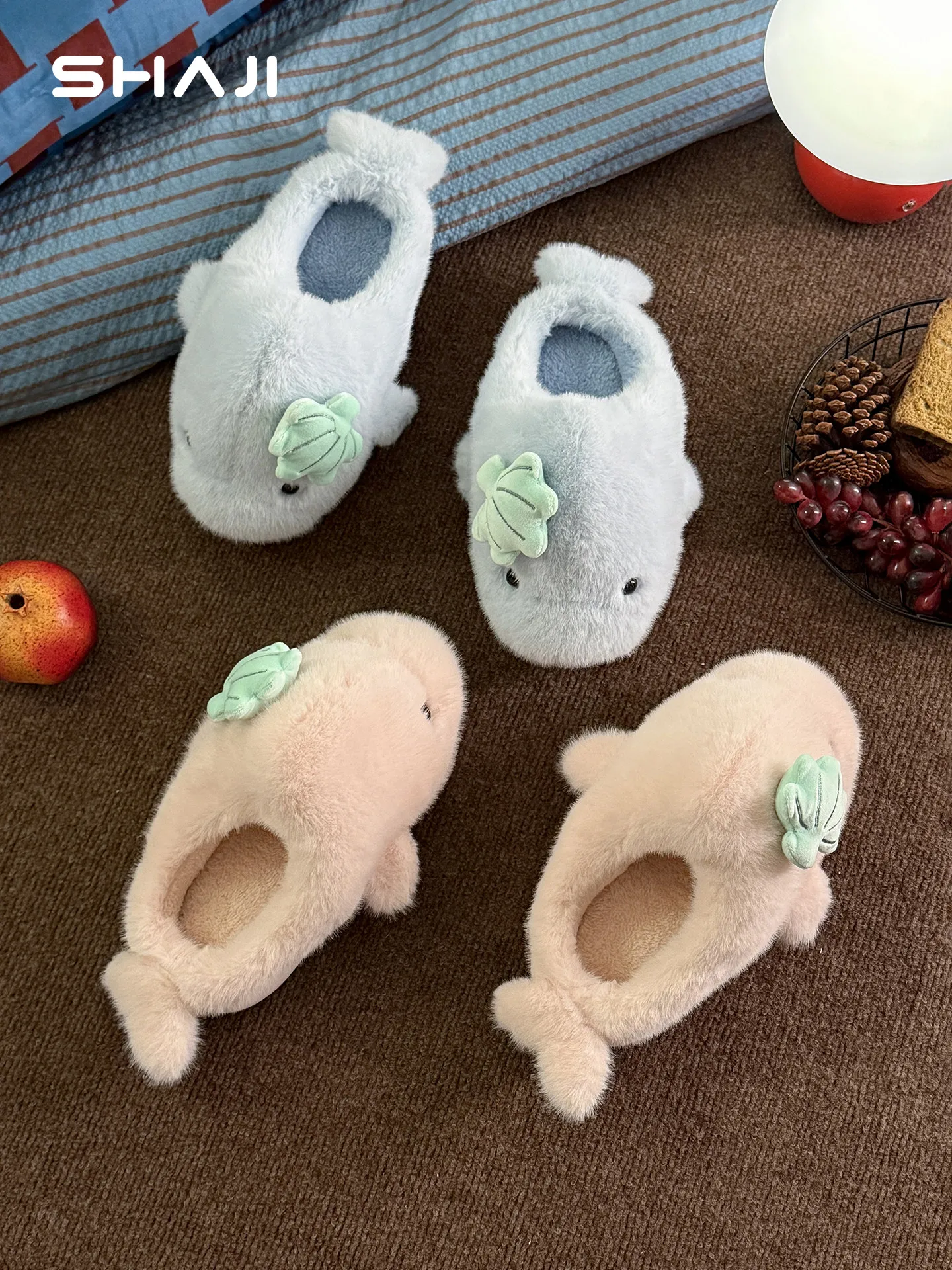 SHAJI Women's Winter Cute Dolphin Shape Plush House Slippers, Non Slip EVA Sole Warm Cotton Velvet Casual Indoor Shoes