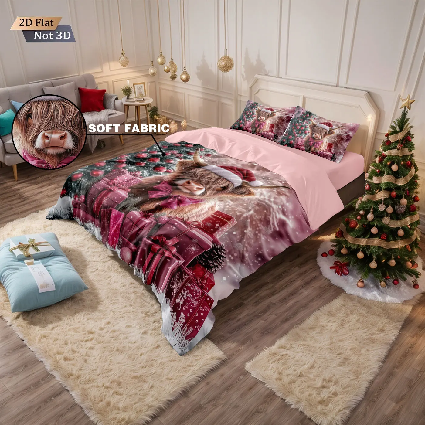 3pcs Red Christmas Highland Cow Gift Print coreless Bedding Set Soft Dormitory Bedroom Multiple Sizes Machine Washable