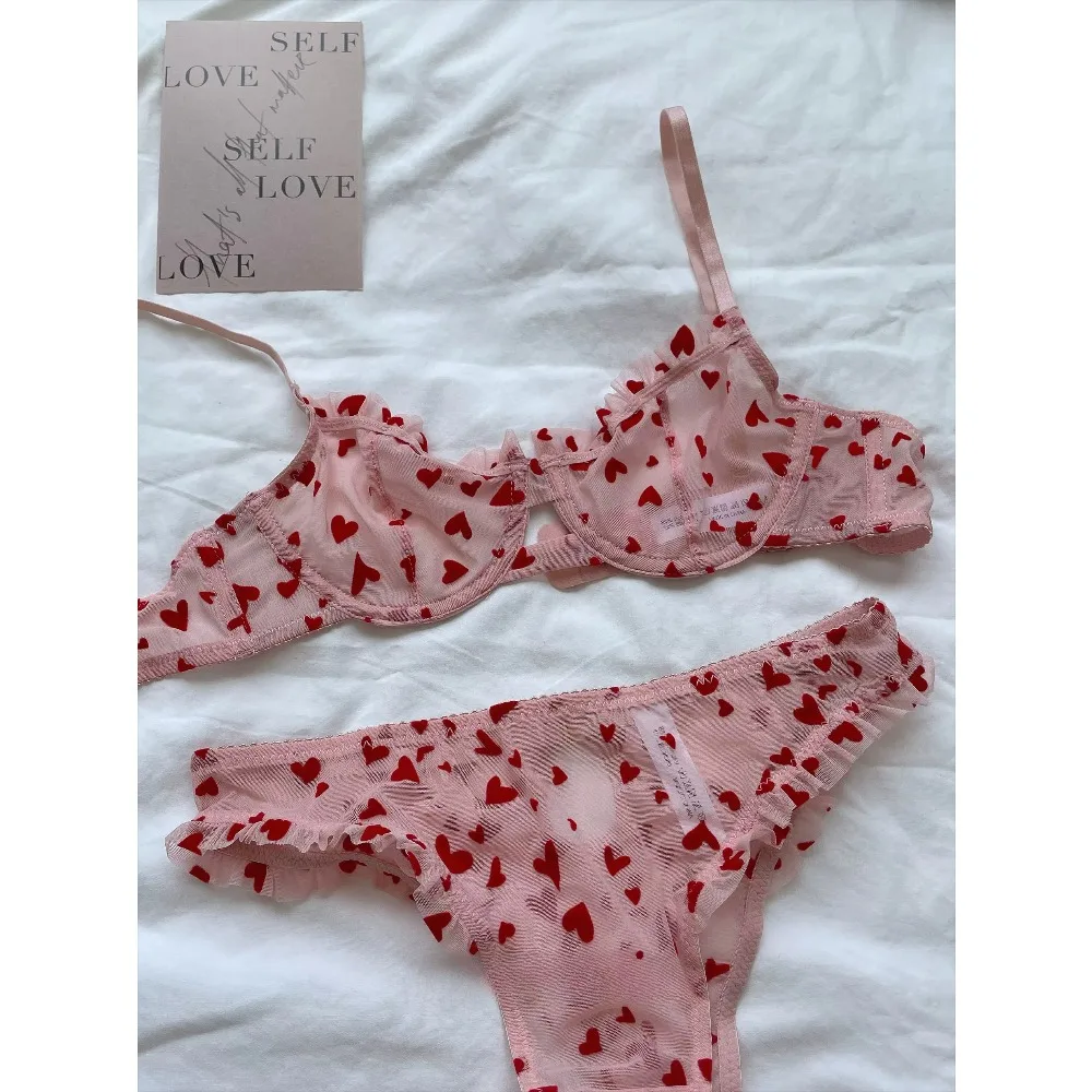 BANERDANNI Ladies Delicate French Heart Lace Mesh Bra Set Ultra‑Thin Push‑Up Anti‑Sagging Soft Light Intimates Underwear Kit