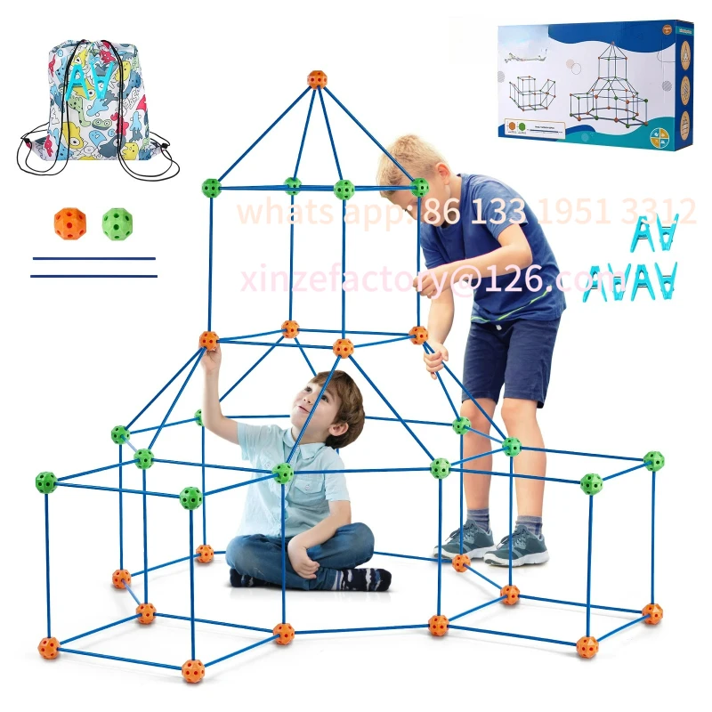 

Customizable Fort Building Blocks Kids Creative Indoor Play Tent Brick Kit with 80 Rods 40 Balls
