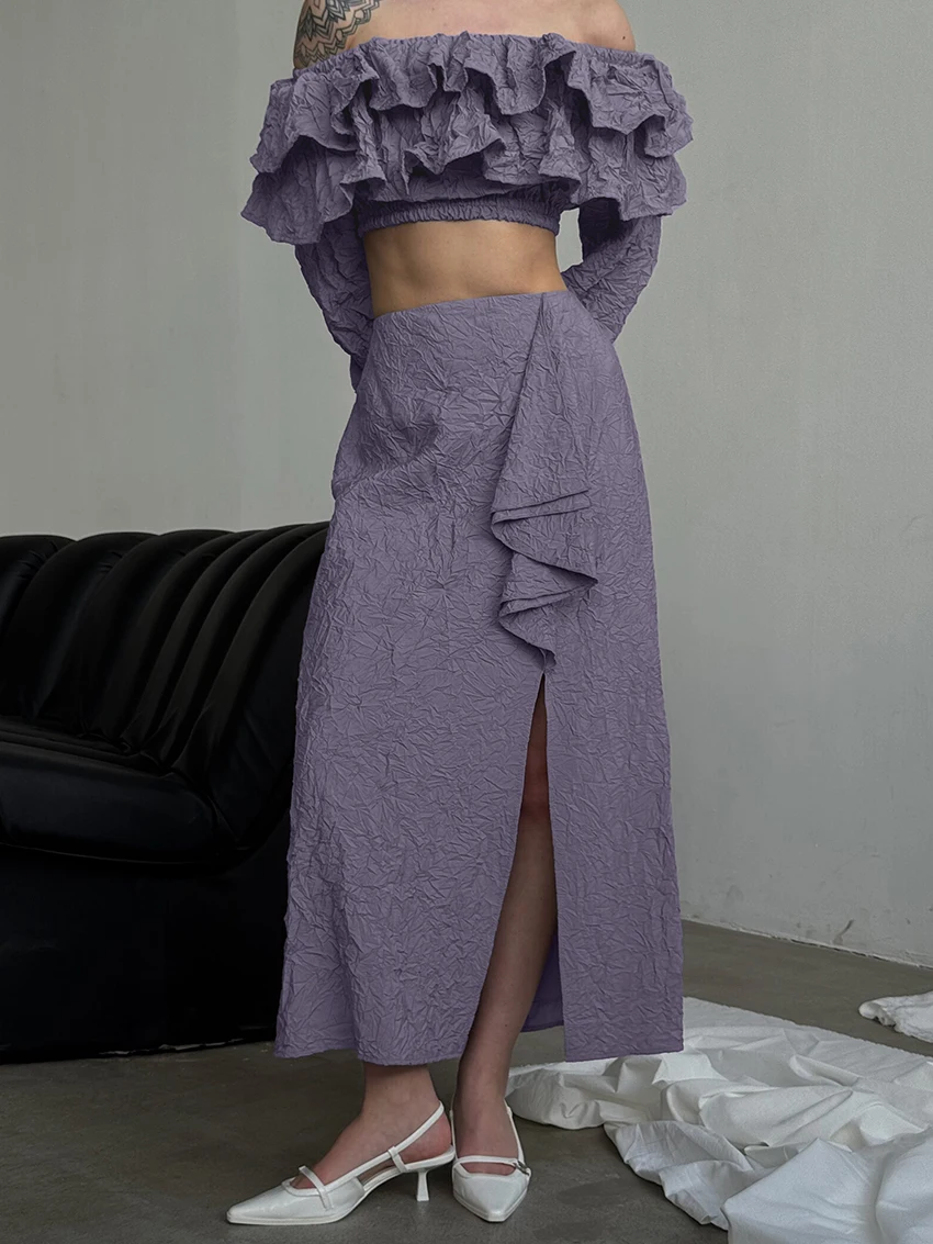 Marthaqiqi Elegant Ladies Pajama Suit Slash Neck Sleepwear Long Sleeve Nightwear Crop Top Nightgown Long Skirts Femme Pyjama Set