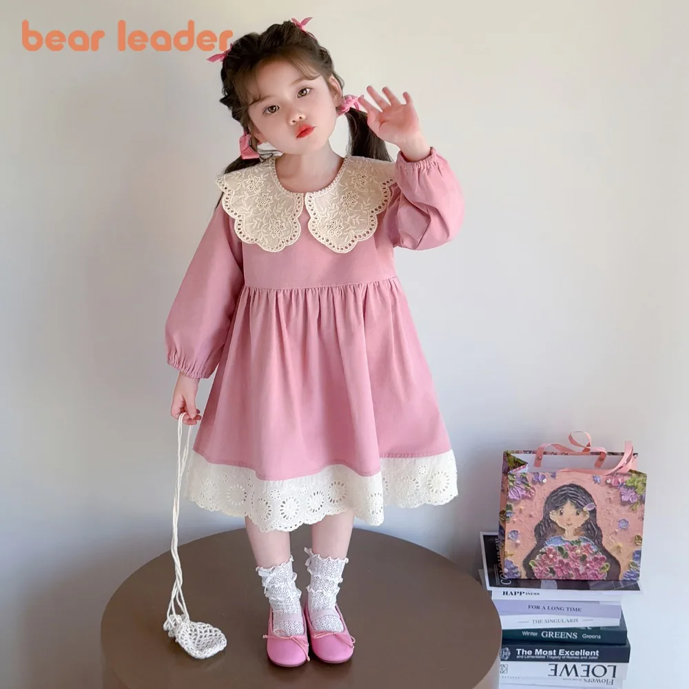 

Осеннее милое кружевное платье принцессы с длинными рукавами и лацканами для детей 2–7 лет, корейская версия, повседневные платья для девочек с цветными блоками