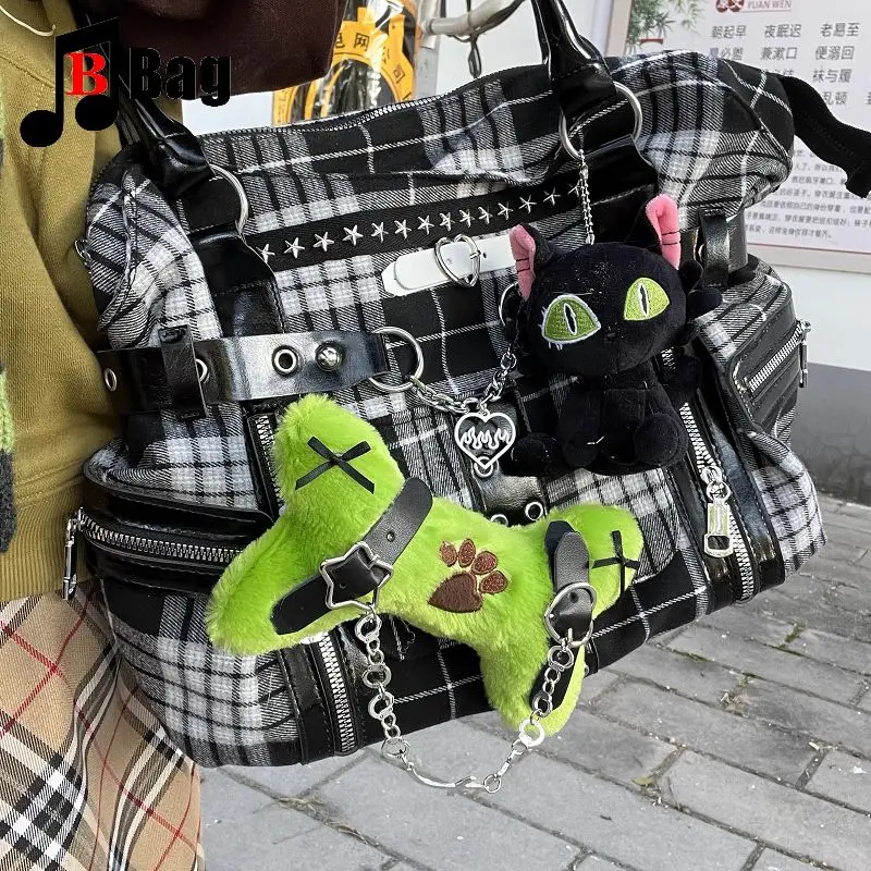 Y2k Girl Womens Tote Bag Plush green bone kitten lovely Aesthetic Steampunk Punk Large Shoulder Bag Rivets Literary Original bag