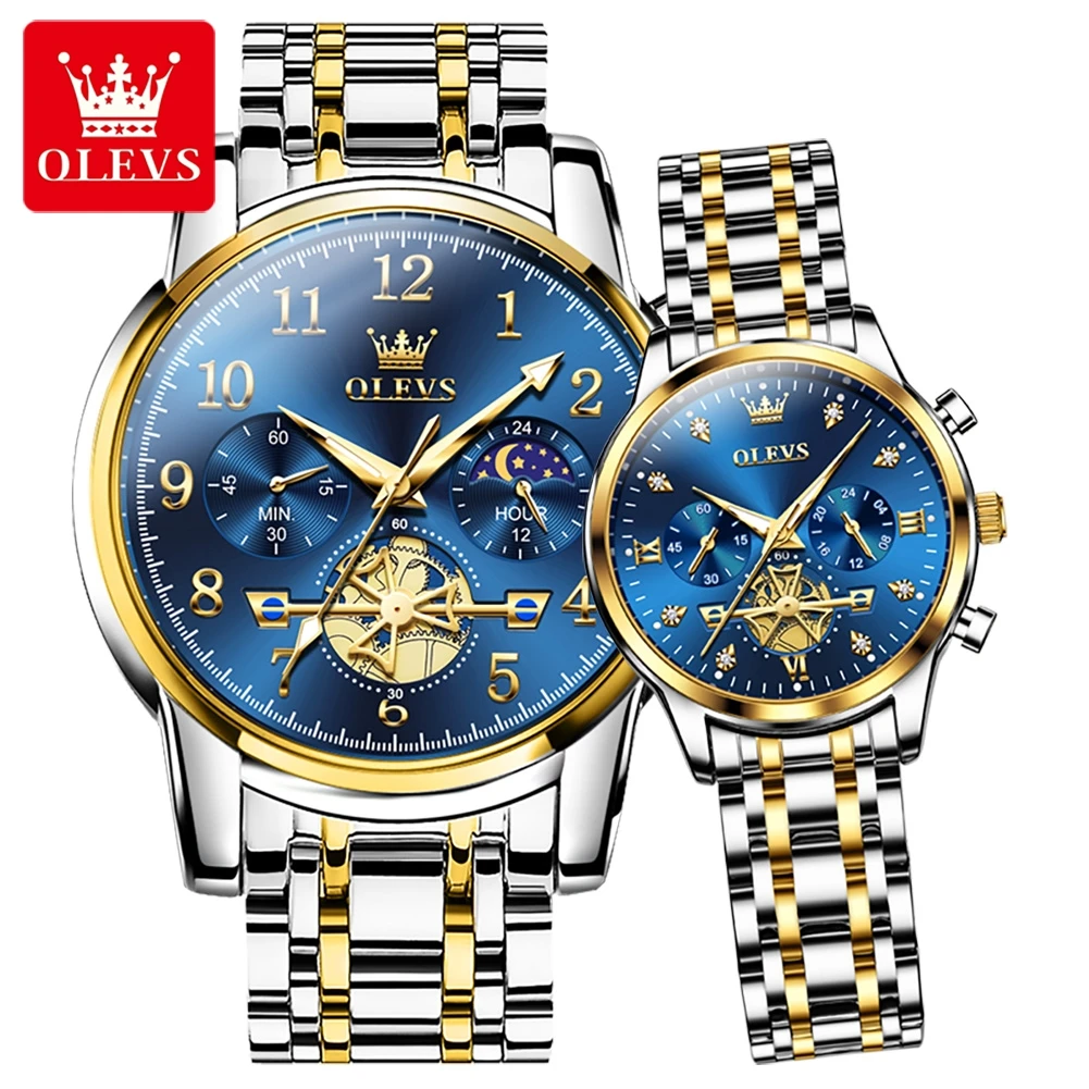 Olevs-高級トゥールビヨンカップルクォーツ時計、ステンレス鋼、防水、発光、月の相、愛好家、ファッション、新品、24、2022