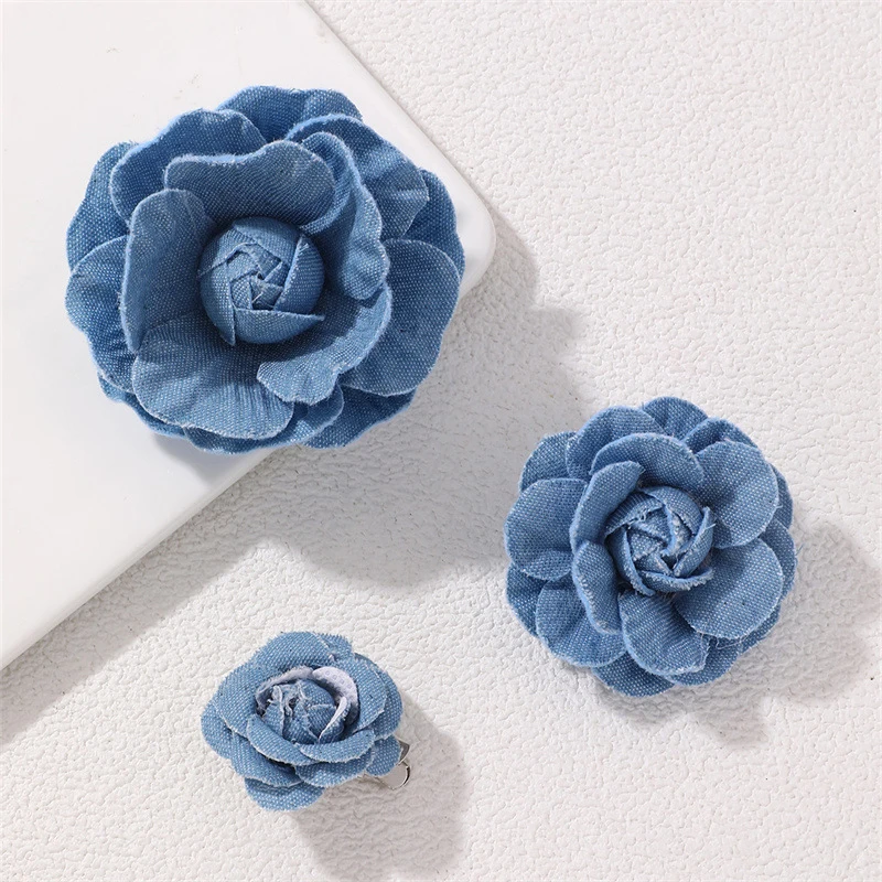 New Blue Fabric Camellia Flower Brooches For Women Handmade Cloth Art Lapel Pins Corsage Fashion Jewelry Badge Accessories