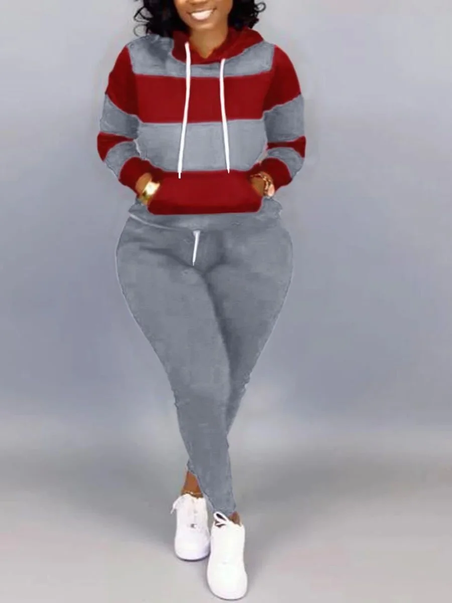 

Spor Printed Hoodie Pants Set Long Sve Zipper Hat Long Trousers Two-Piece Women's Casual Wear Polyester Fabric Autumn